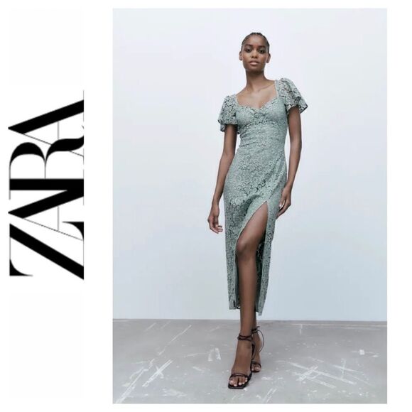 NWT Zara Green Lace V-Neck Short Sleeve Front Slit Hem Midi Dress, Size Small - Picture 1 of 16